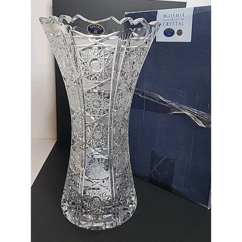 Vintage Bohemia Czech Hand Cut 24% Lead Crystal Vase 12" Hand Cut With Box